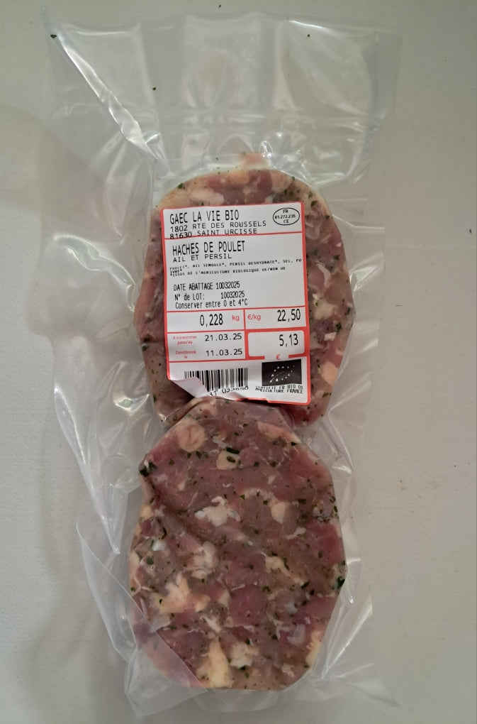 Hachés de poulet "façon steak" BIO ail & persil (2 pièces)